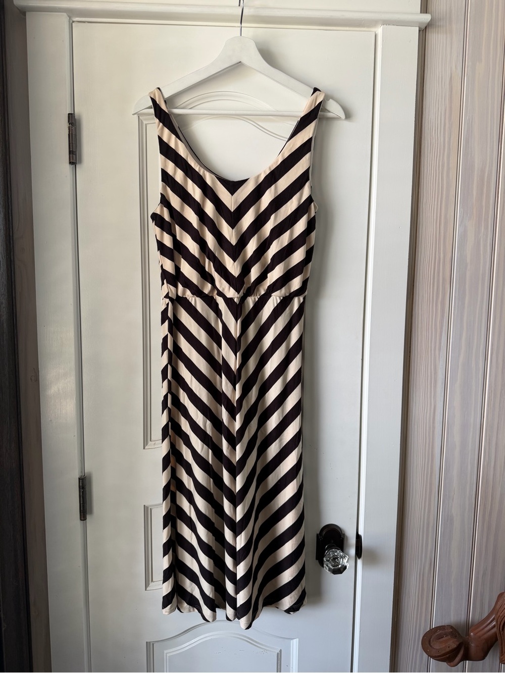 Striped V-Neck Midi Dress in Beige and Black